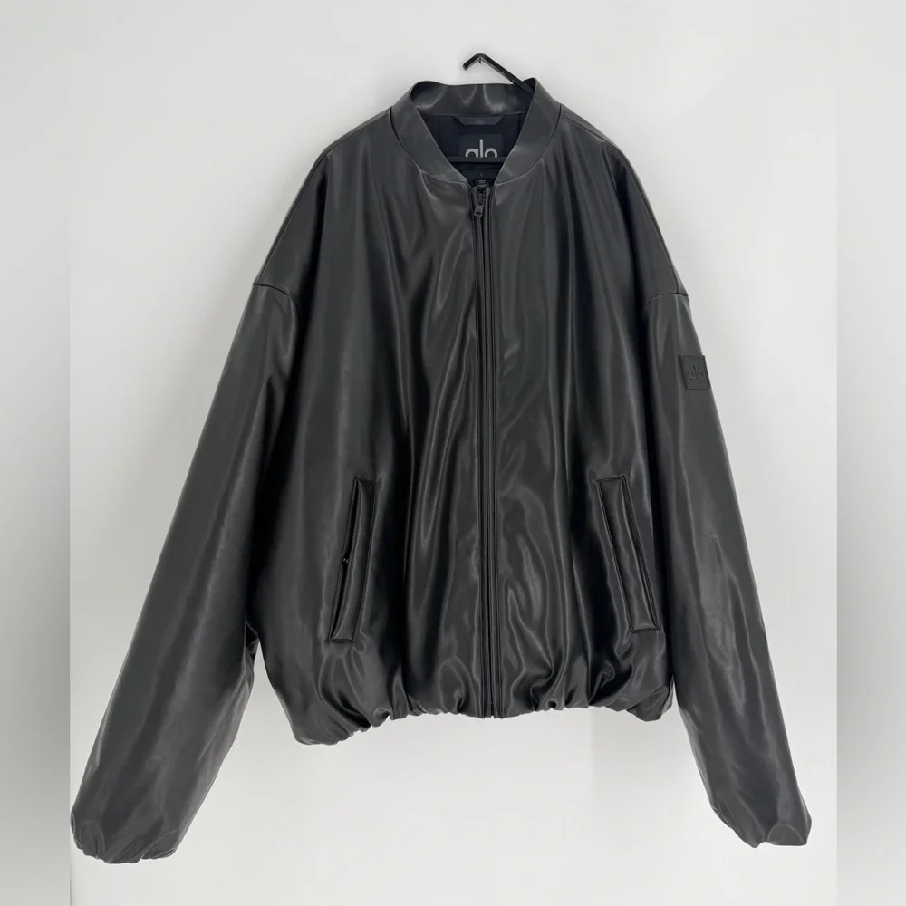 Alo Black Oversized Faux Leather Premier Bomber Jacket